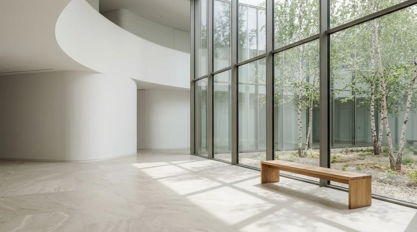 A calm, light-filled modern atrium